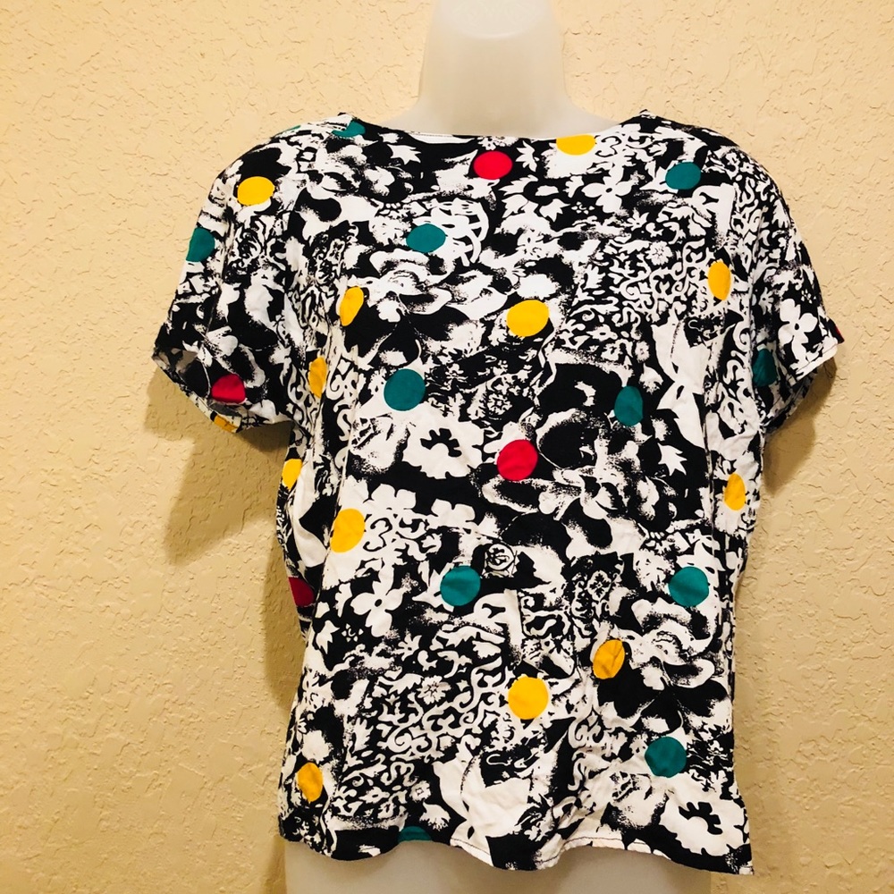 {Vintage}80 floral blouse w/bright polka dots